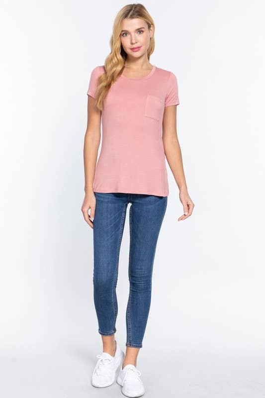 Short Sleeve Scoop Neck with Pocket Rayon Jersey Top