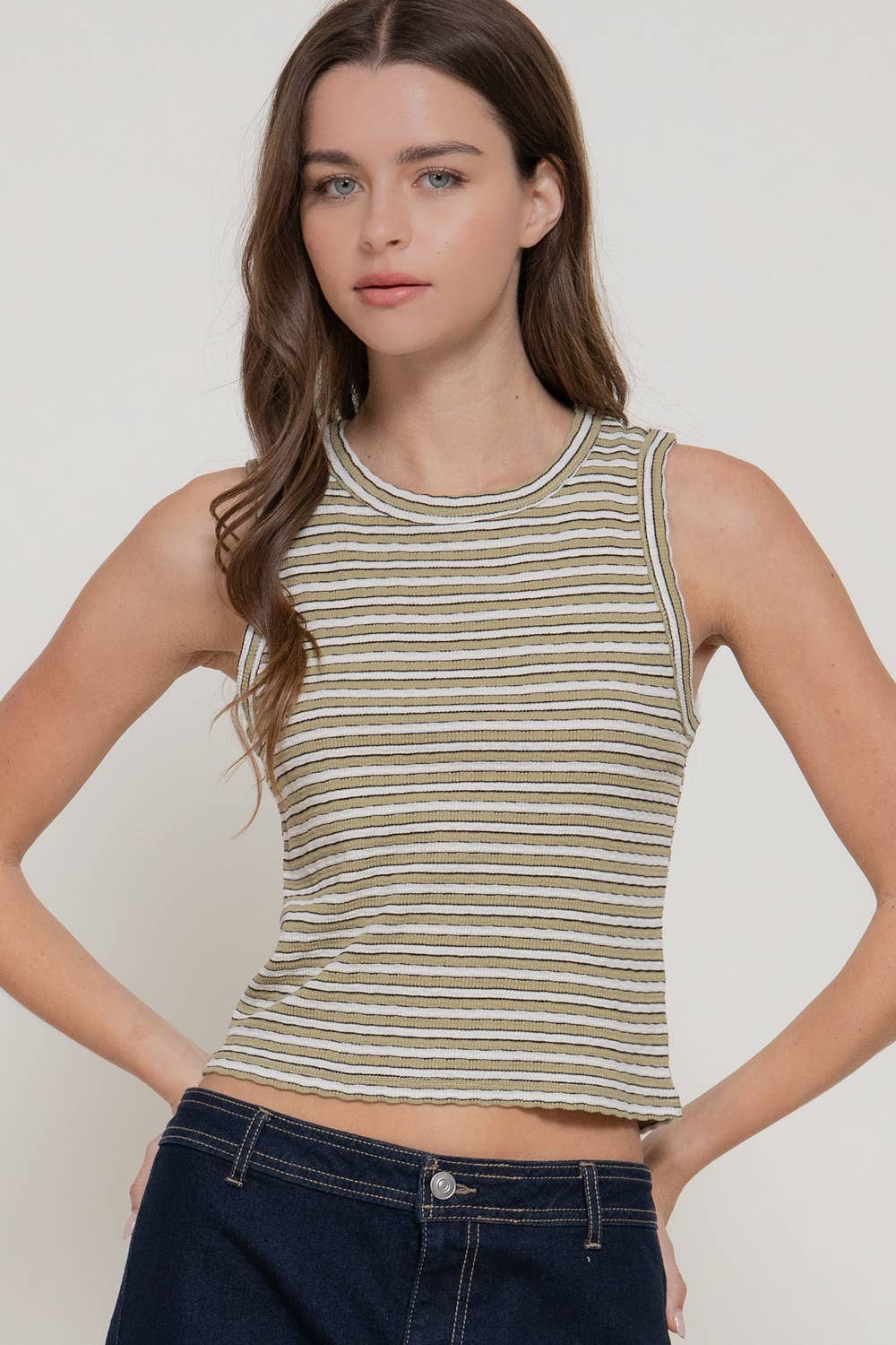 Sleeveless Crew Neck Strip Texture Knit Top