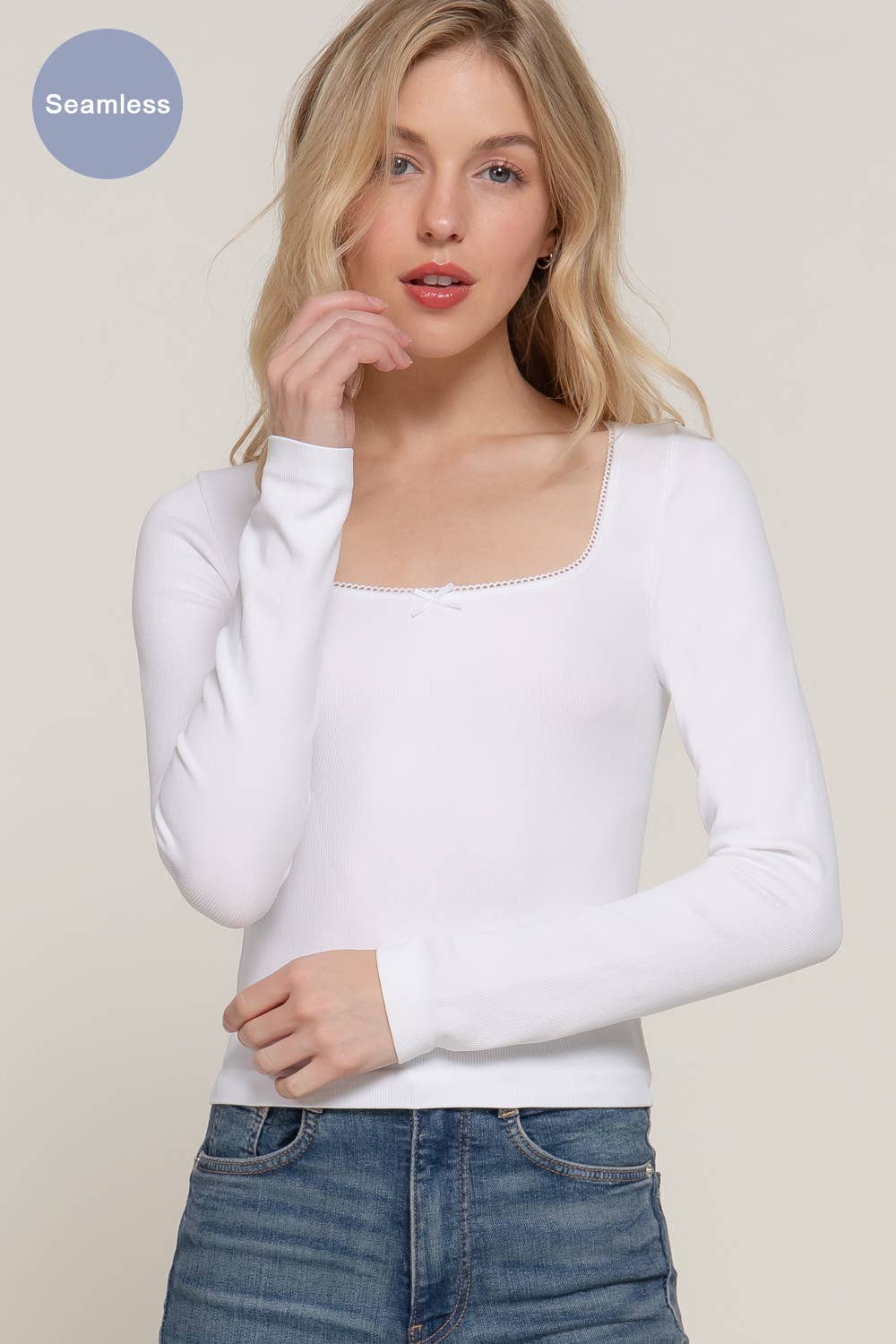 Long Sleeve Wide Round Neck with Bow Seamless Top