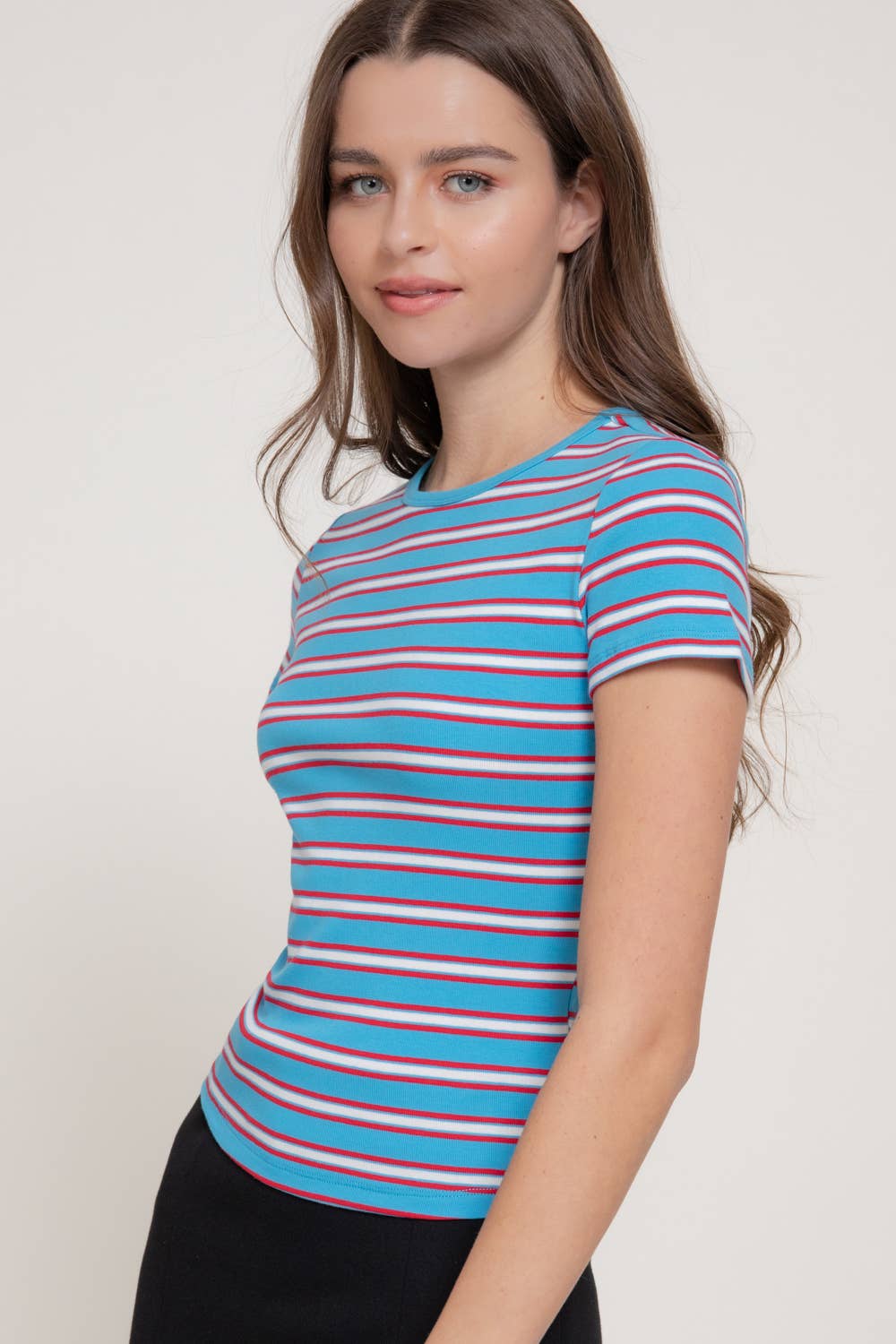 Short Sleeve Multi-Striped 1X1 RIB TOP