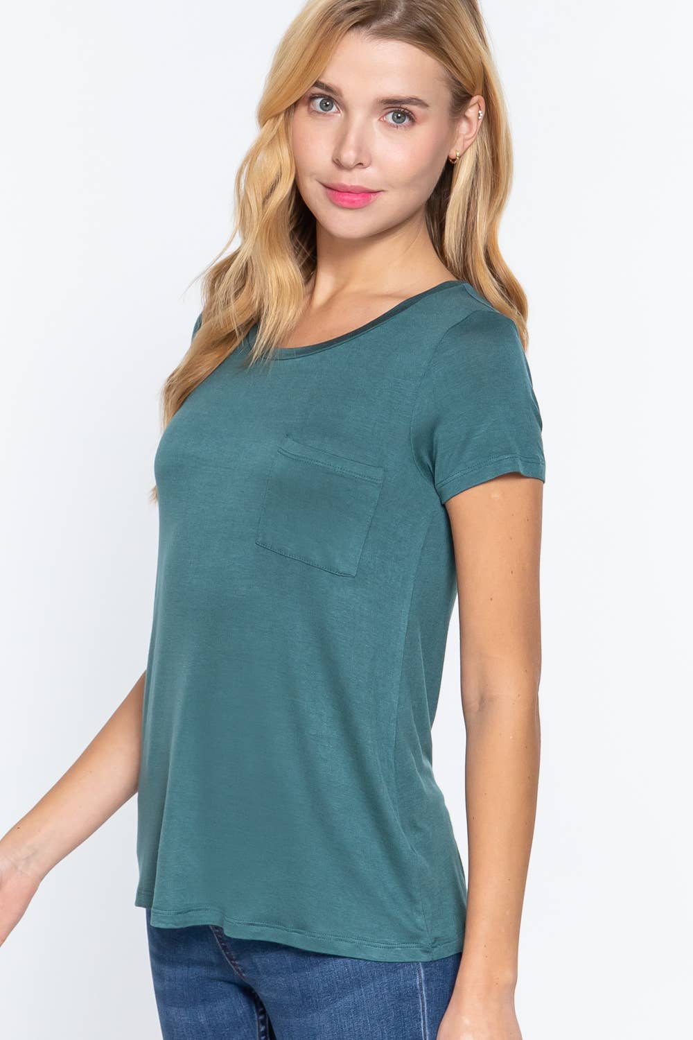 Short Sleeve Scoop Neck with Pocket Rayon Jersey Top