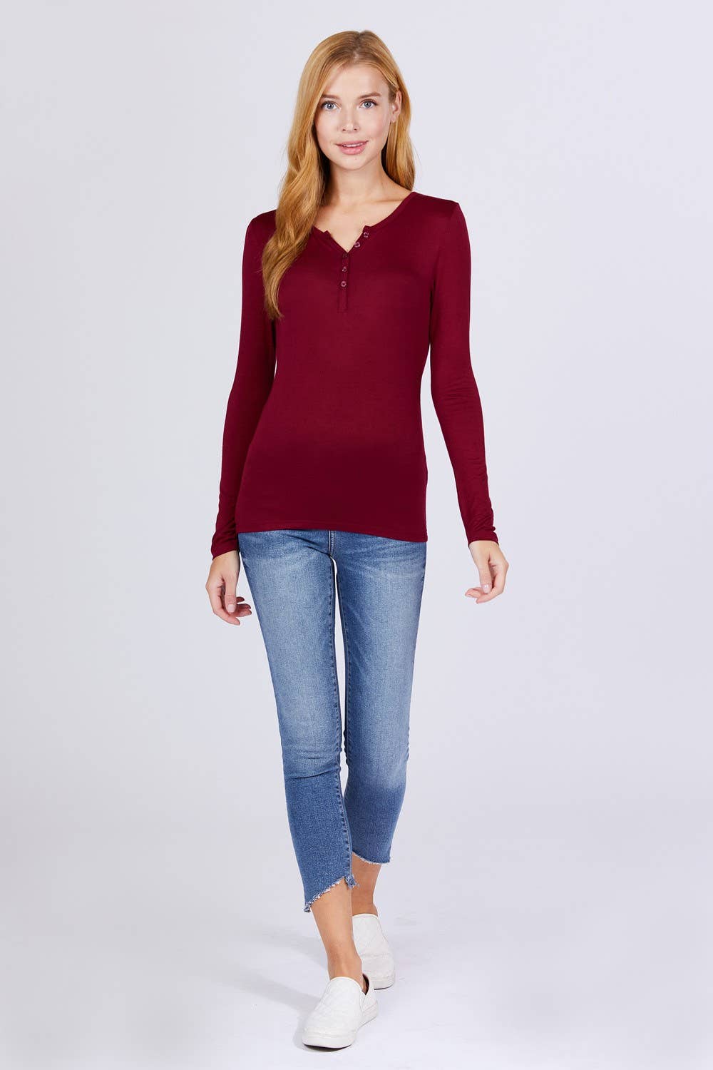 Long Sleeve Button Placket Rayon Spandex Jersey Top