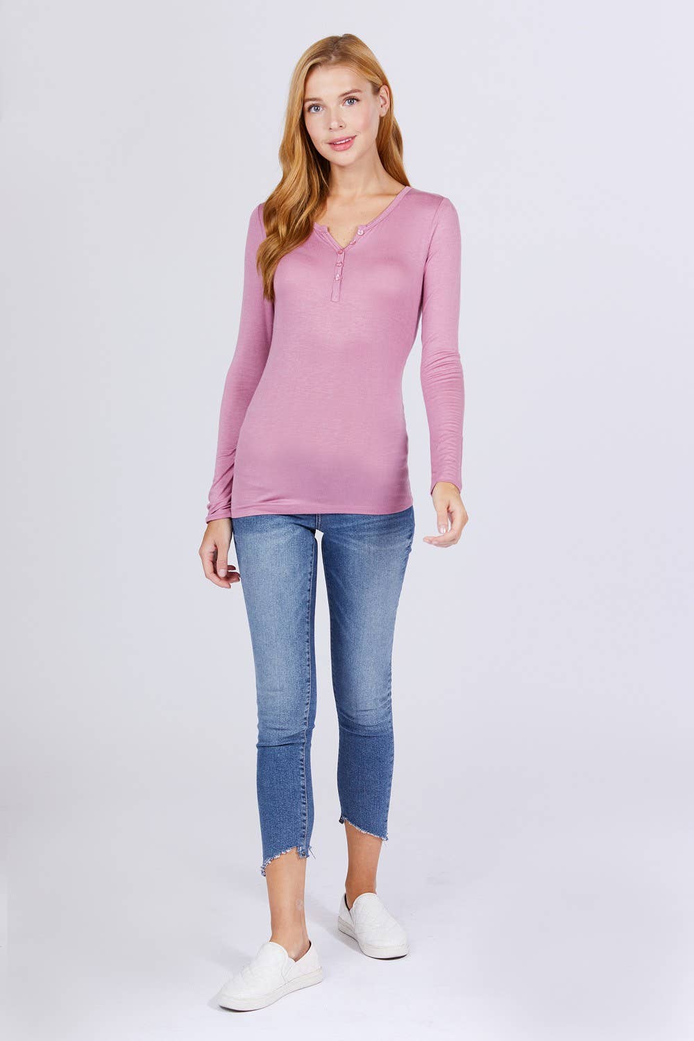 Long Sleeve Button Placket Rayon Spandex Jersey Top