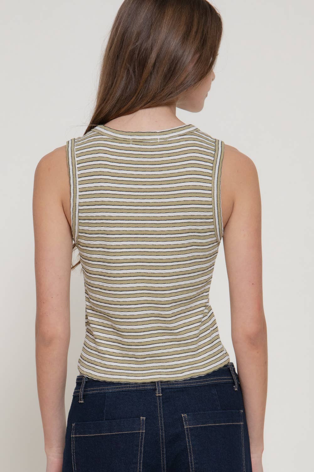 Sleeveless Crew Neck Strip Texture Knit Top