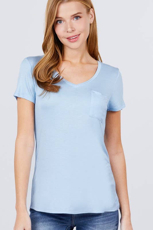 Short Sleeve V-neck Top with Pocket