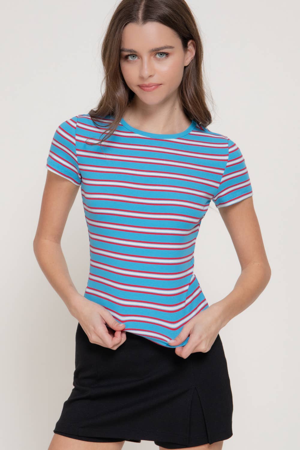 Short Sleeve Multi-Striped 1X1 RIB TOP