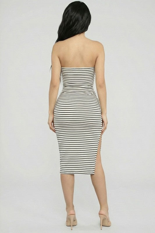 Striped Tube Side Ruched Slit Bodycon Midi Dress