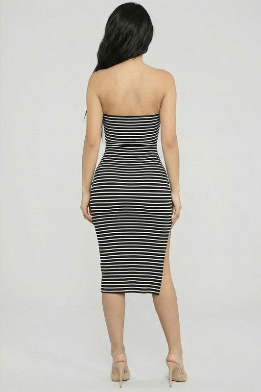 Striped Tube Side Ruched Slit Bodycon Midi Dress