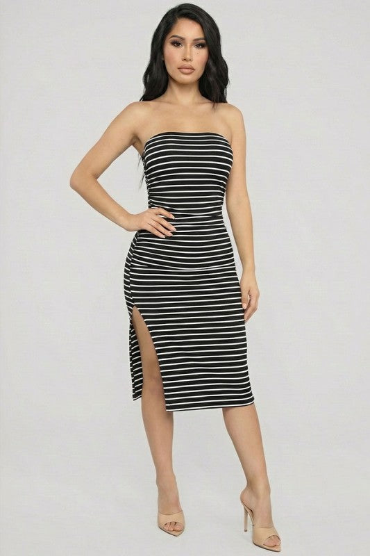 Striped Tube Side Ruched Slit Bodycon Midi Dress