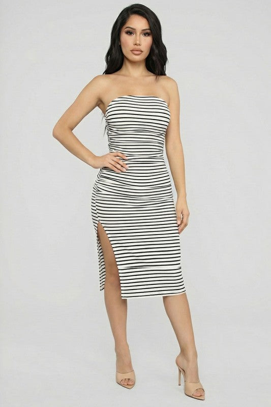 Striped Tube Side Ruched Slit Bodycon Midi Dress