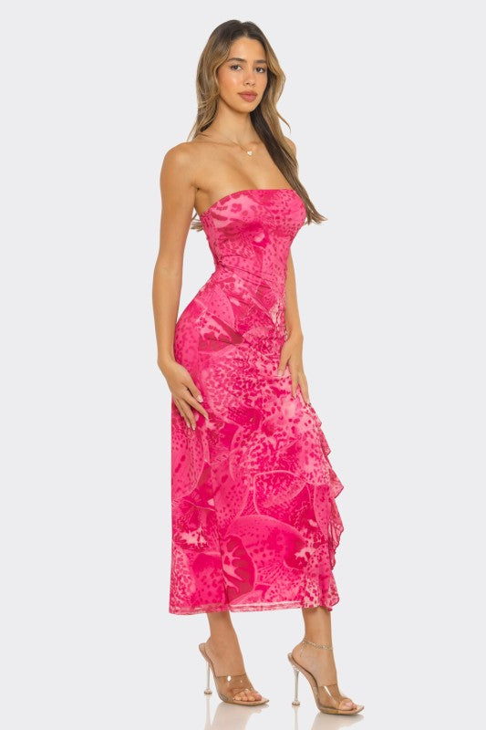 Hot Pink Abstract Printed Strapless Midi Dress
