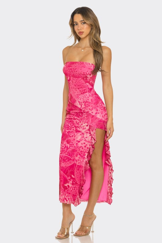 Hot Pink Abstract Printed Strapless Midi Dress