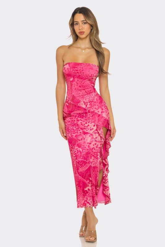 Hot Pink Abstract Printed Strapless Midi Dress
