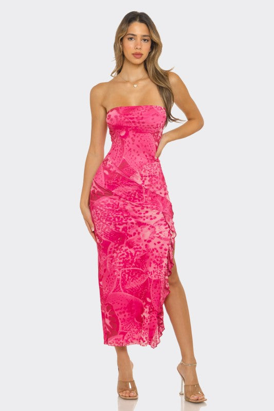 Hot Pink Abstract Printed Strapless Midi Dress