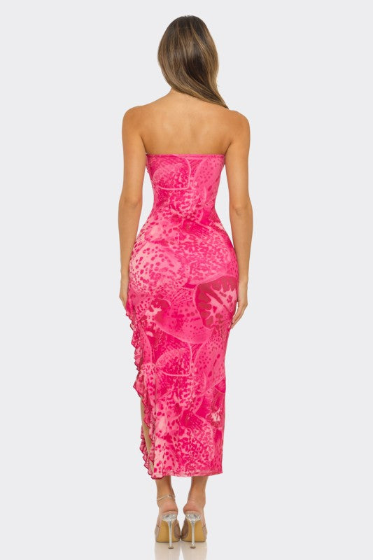 Hot Pink Abstract Printed Strapless Midi Dress