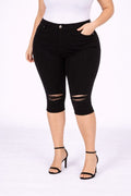 PLus Size Denim Women Capri Ripped Jean Shorts Pants Stretchy Black
