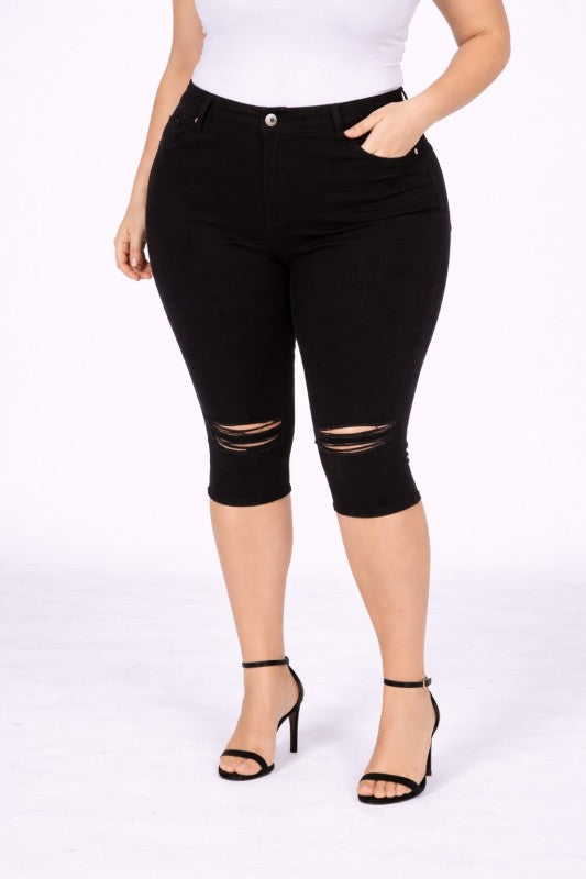 PLus Size Denim Women Capri Ripped Jean Shorts Pants Stretchy Black