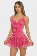 Flower Printed Mesh Cowl Neck Open Back Mini Dress