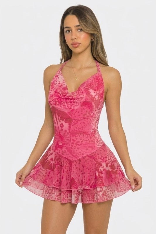Flower Printed Mesh Cowl Neck Open Back Mini Dress