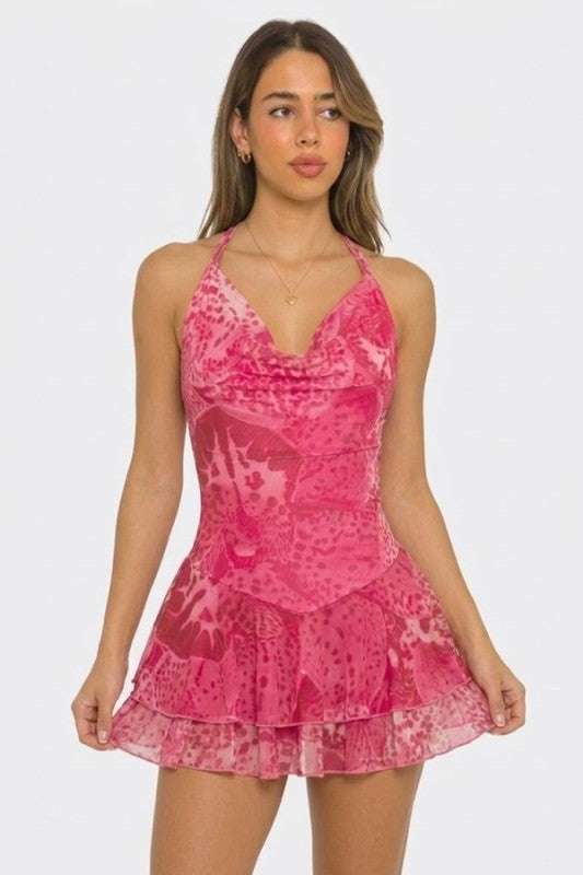 Flower Printed Mesh Cowl Neck Open Back Mini Dress