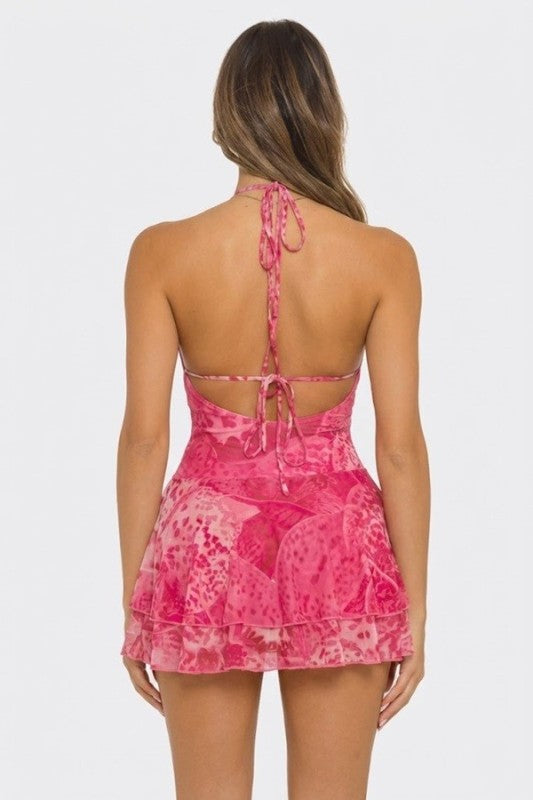 Flower Printed Mesh Cowl Neck Open Back Mini Dress