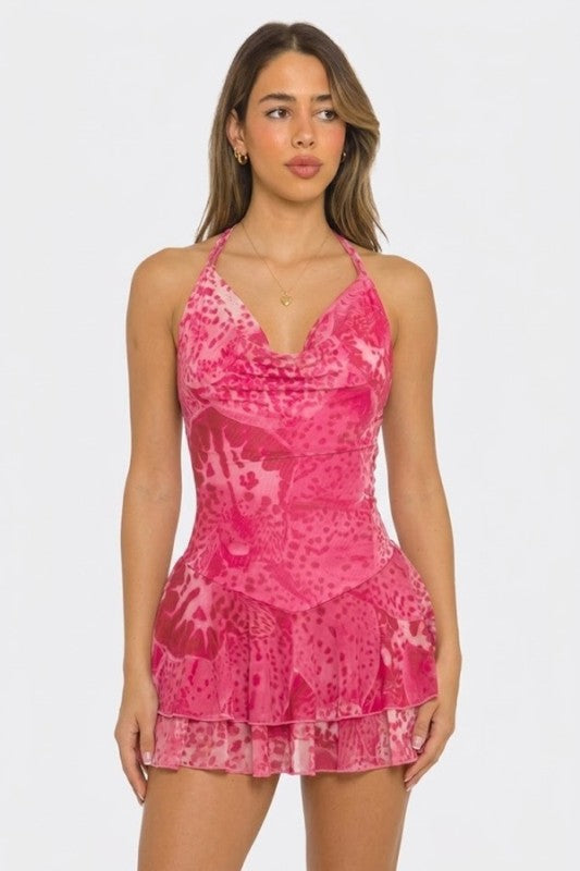 Flower Printed Mesh Cowl Neck Open Back Mini Dress