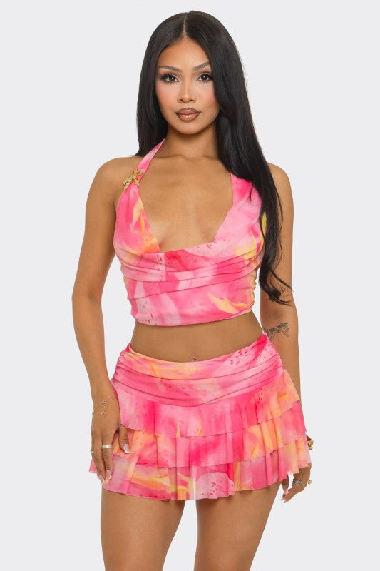 Printed Halter And Mini Skirt Set