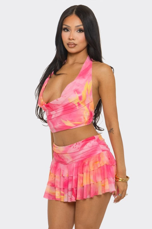 Printed Halter And Mini Skirt Set