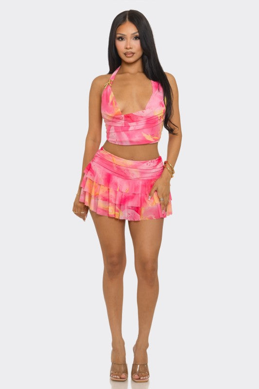Printed Halter And Mini Skirt Set