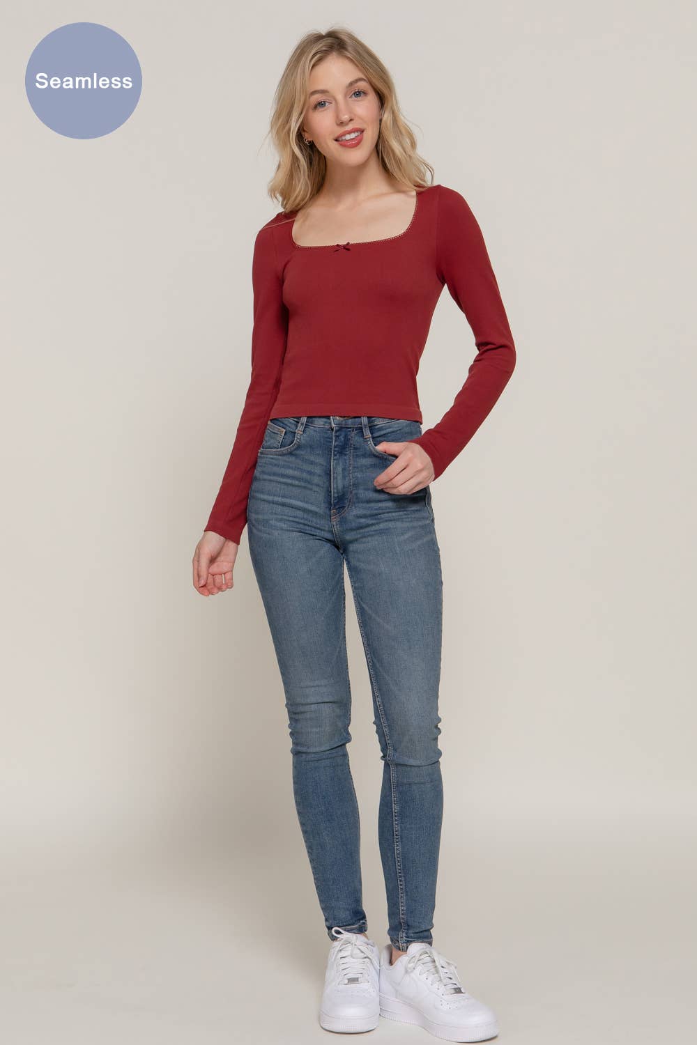 Long Sleeve Wide Round Neck with Bow Seamless Top