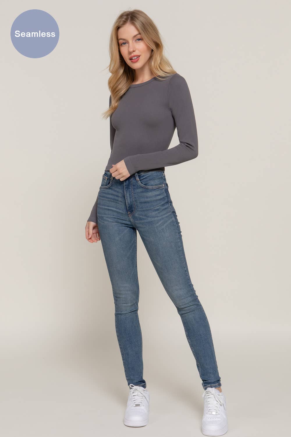 Long Sleeve Crew Neck Rib Seamless Top