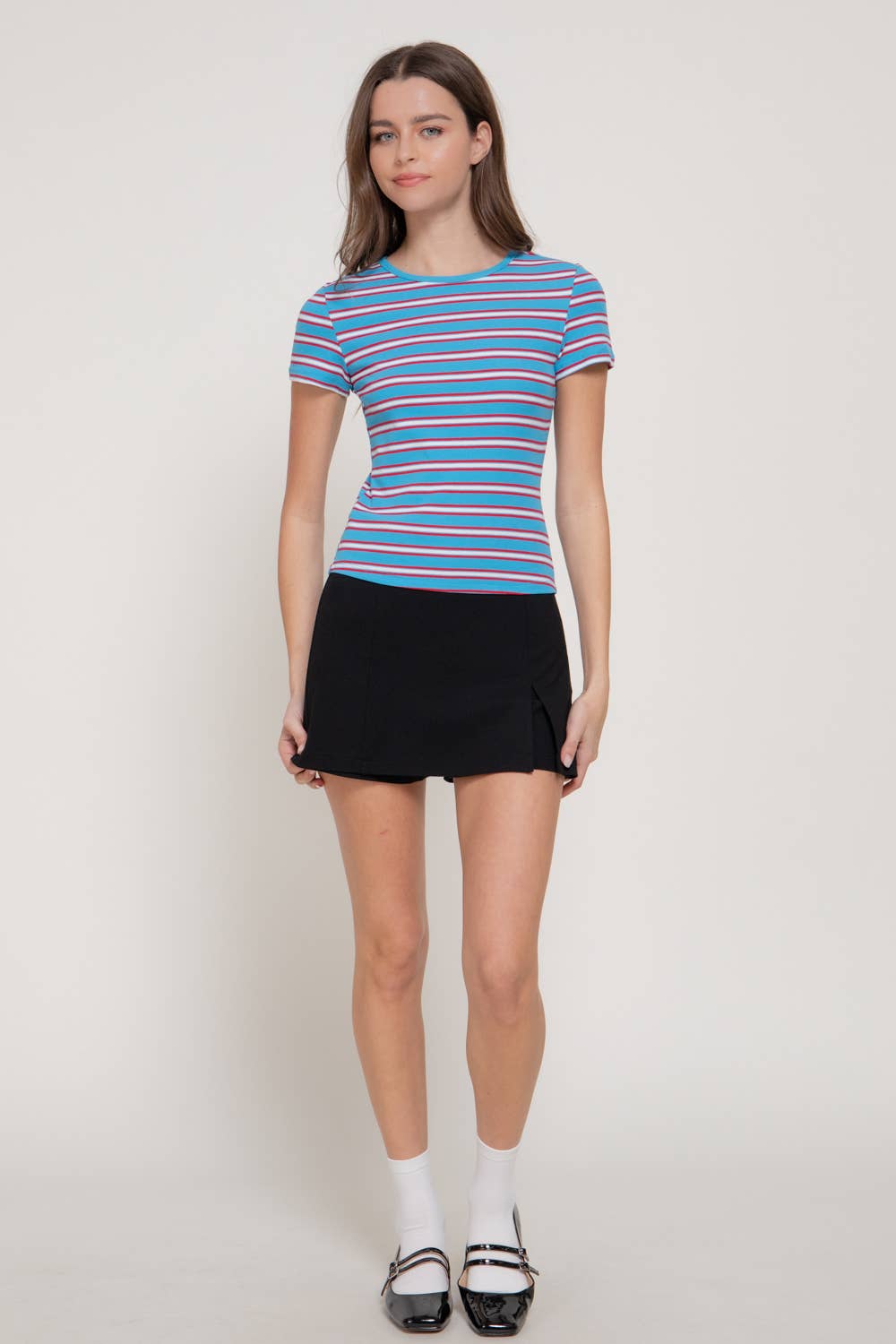 Short Sleeve Multi-Striped 1X1 RIB TOP
