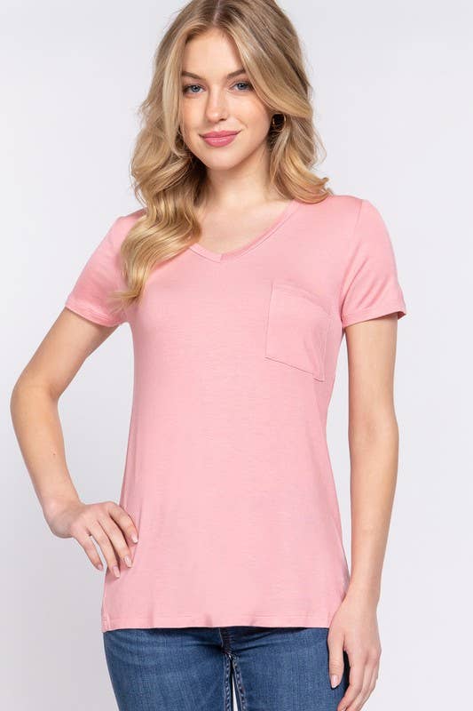 Short Sleeve V-neck Top with Pocket