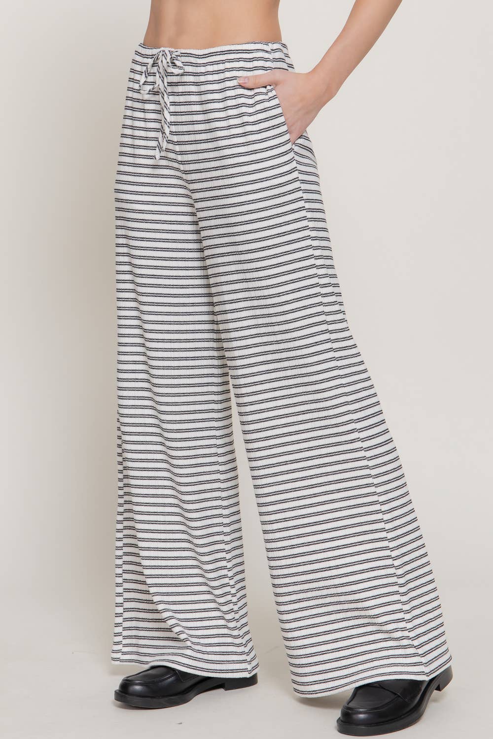 Elastic Waist Stripe Varigated Rib Long Pants