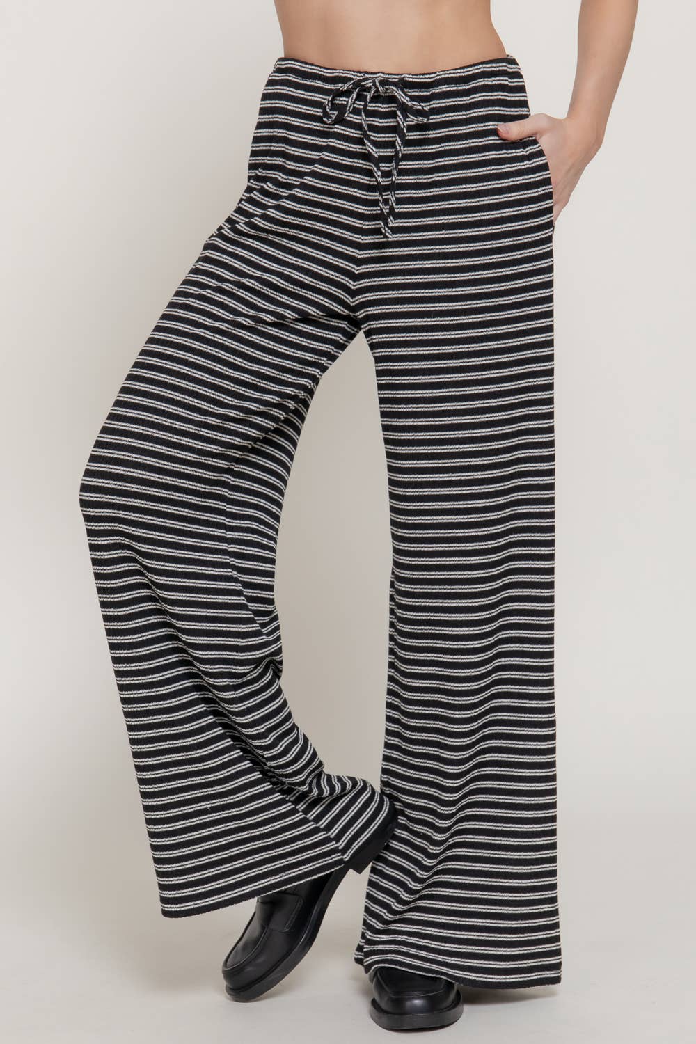 Elastic Waist Stripe Varigated Rib Long Pants