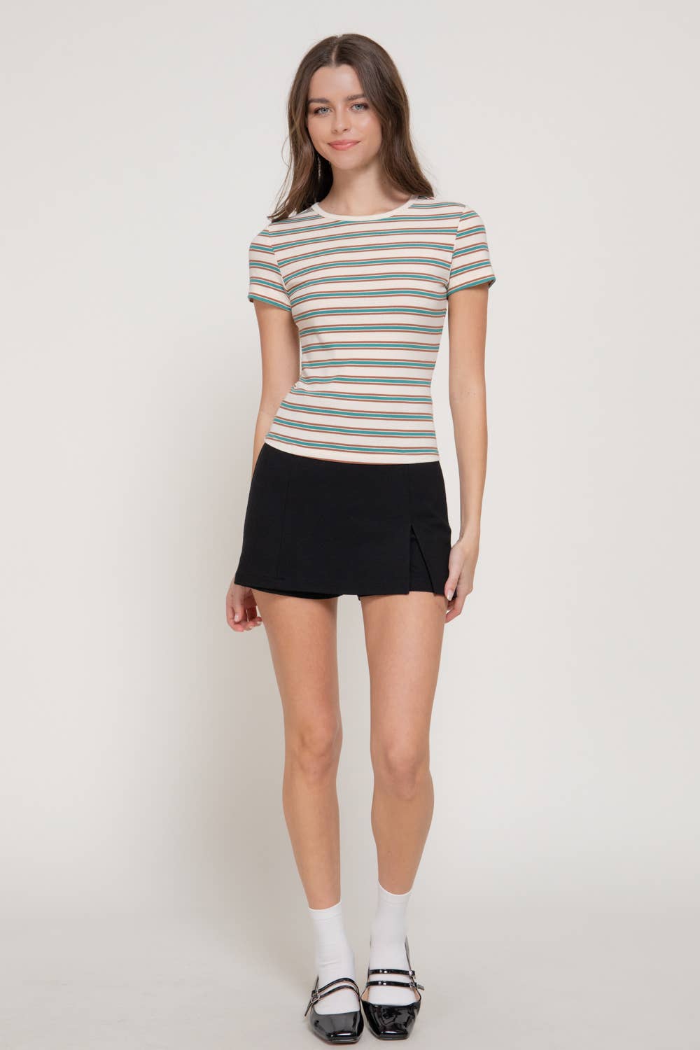 Short Sleeve Multi-Striped 1X1 RIB TOP