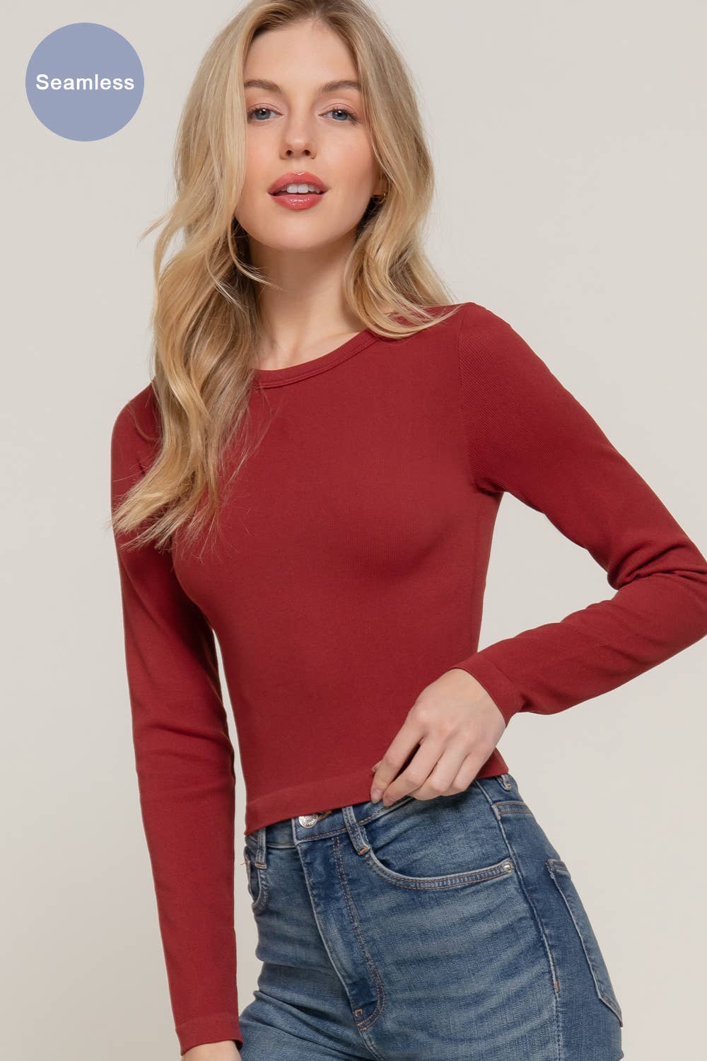 Long Sleeve Crew Neck Rib Seamless Top