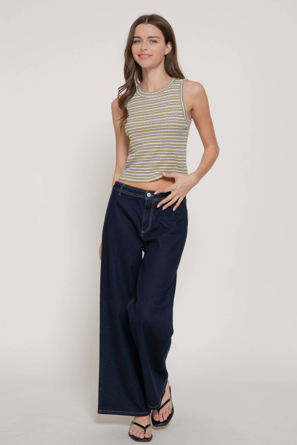 Sleeveless Crew Neck Strip Texture Knit Top