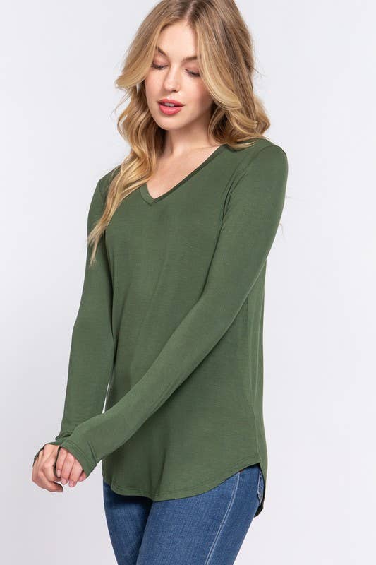Long Sleeve V-neck Rayon Spandex Jersey Top
