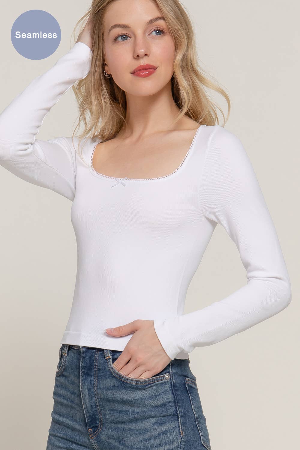 Long Sleeve Wide Round Neck with Bow Seamless Top