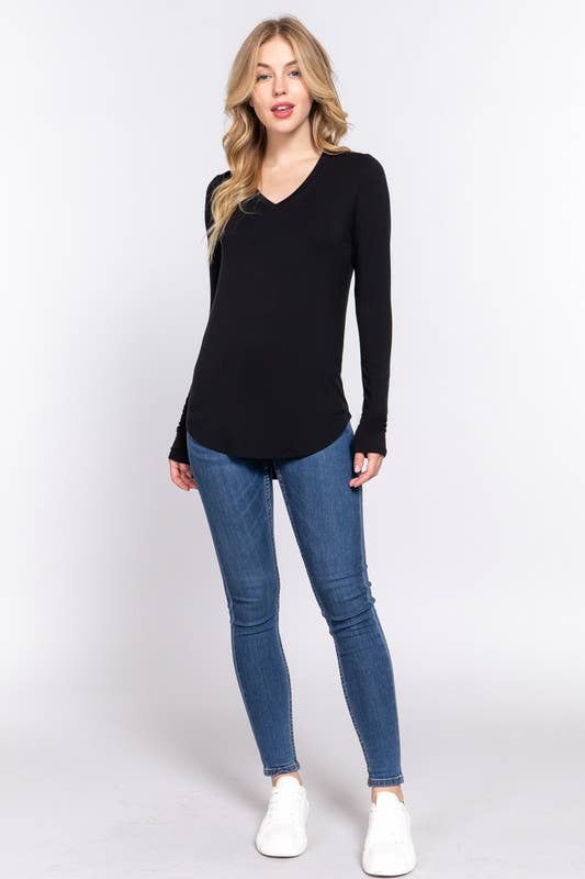 Long Sleeve V-neck Rayon Spandex Jersey Top