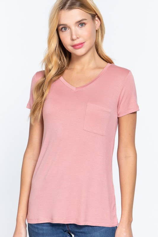 Short Sleeve V-neck Top with Pocket