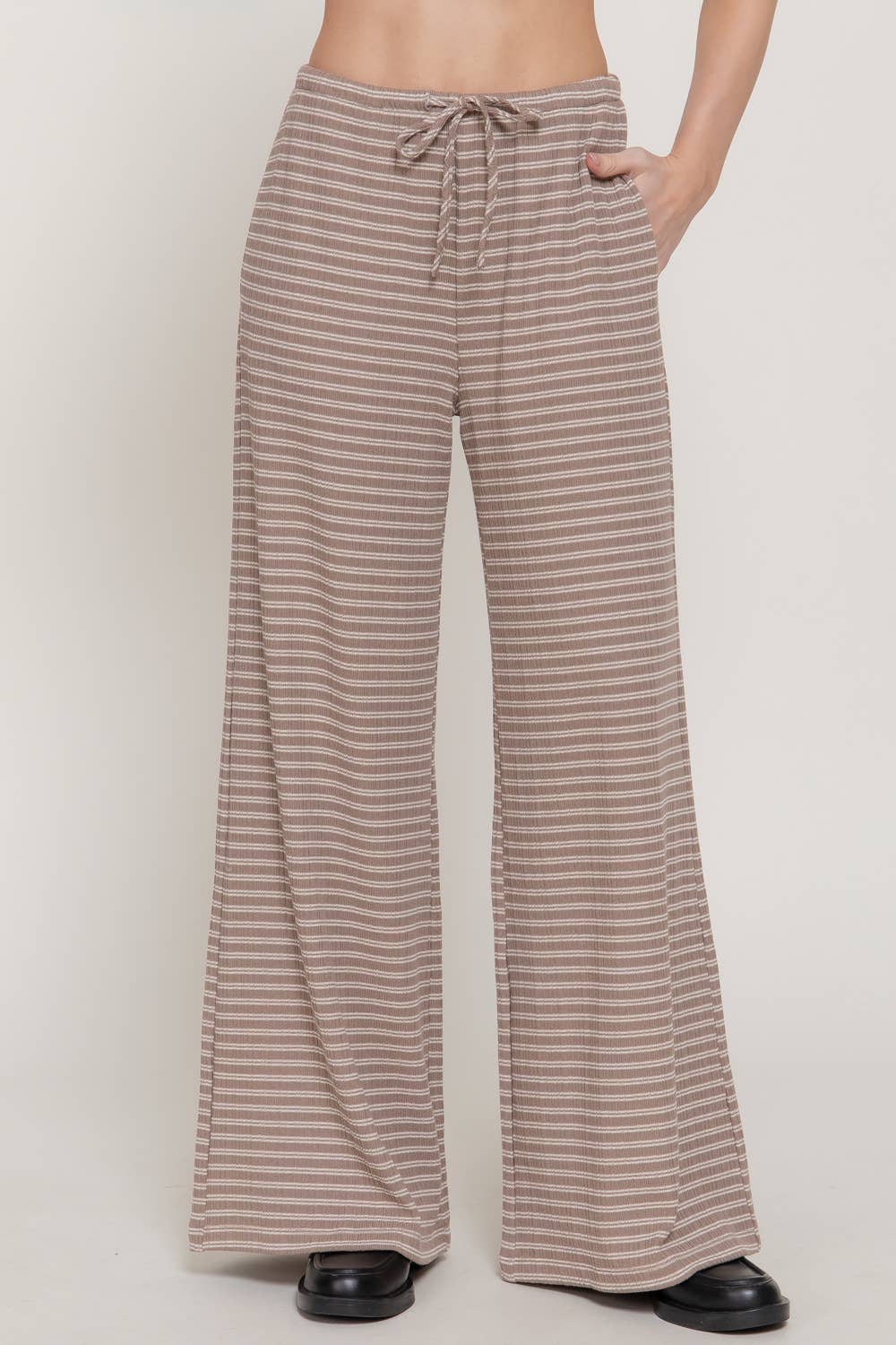 Elastic Waist Stripe Varigated Rib Long Pants