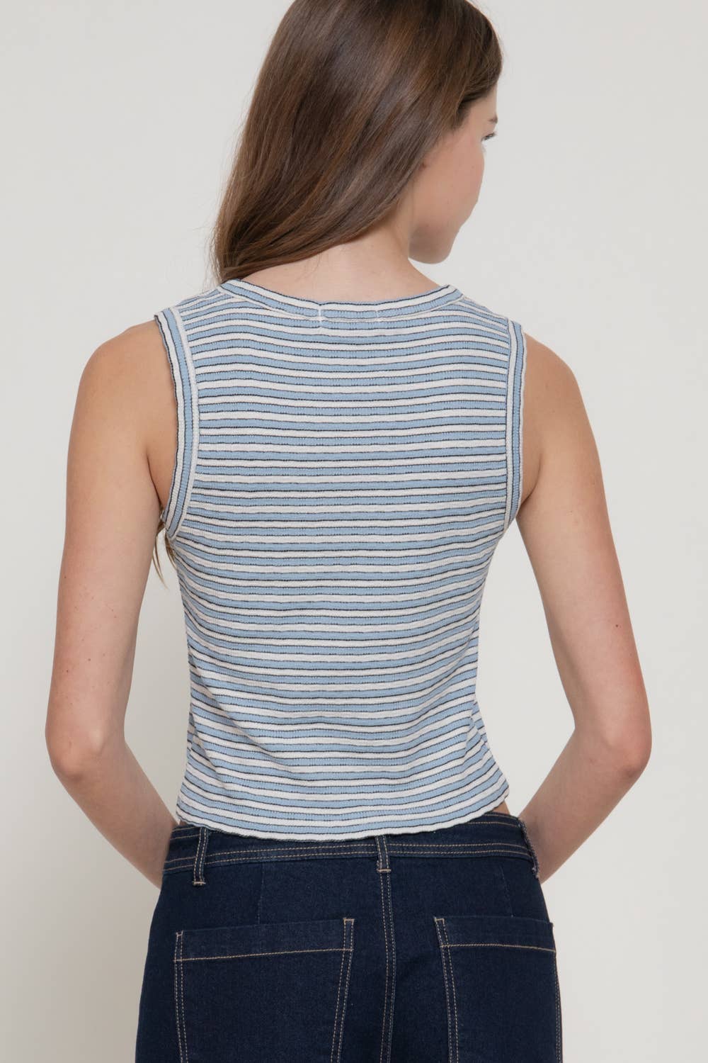 Sleeveless Crew Neck Strip Texture Knit Top