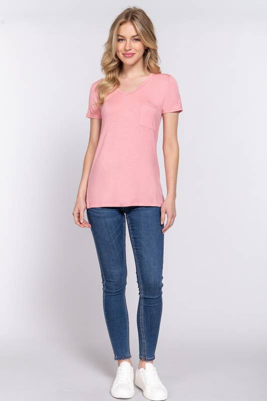 Short Sleeve V-neck Top with Pocket