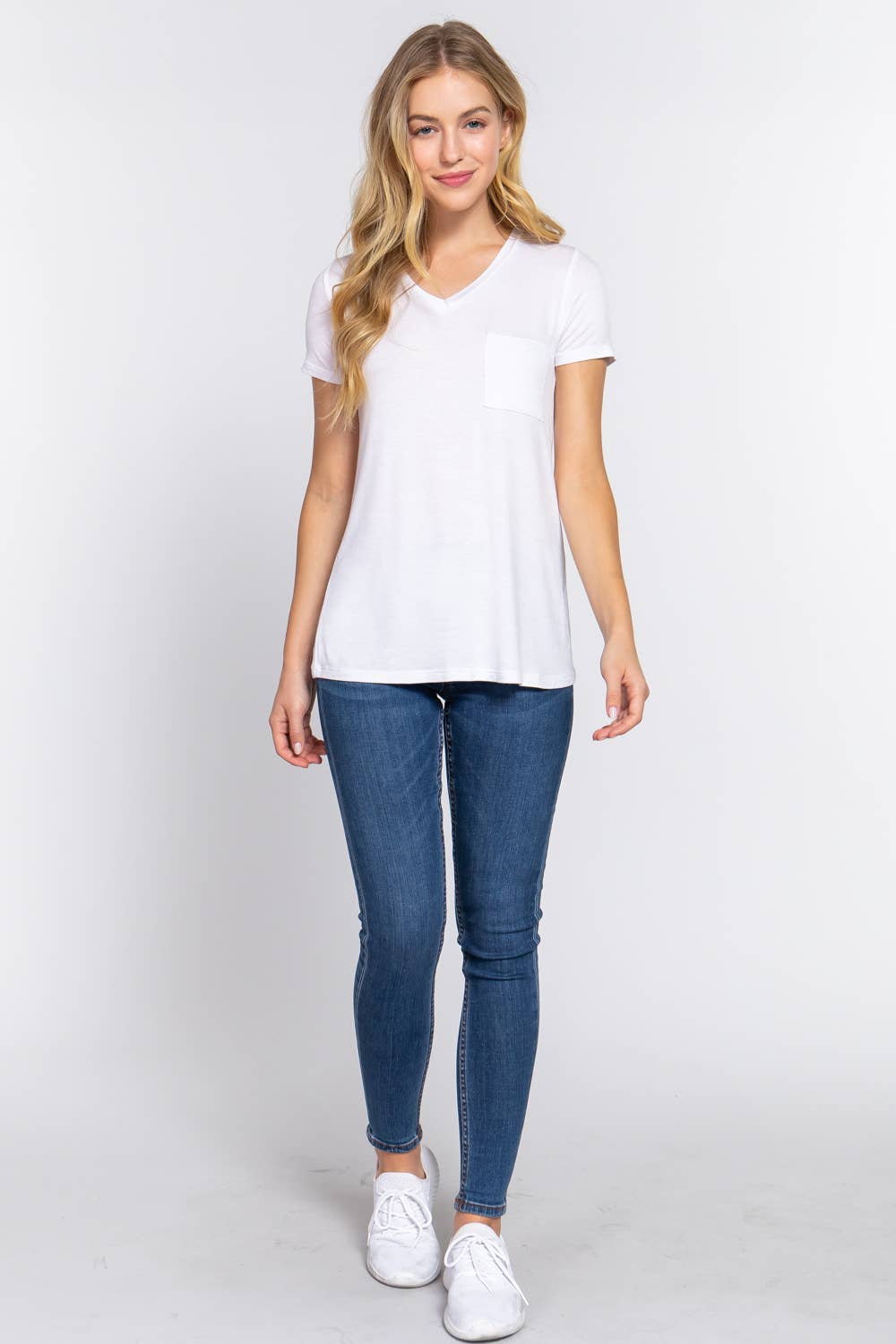 Short Sleeve V-neck Top with Pocket