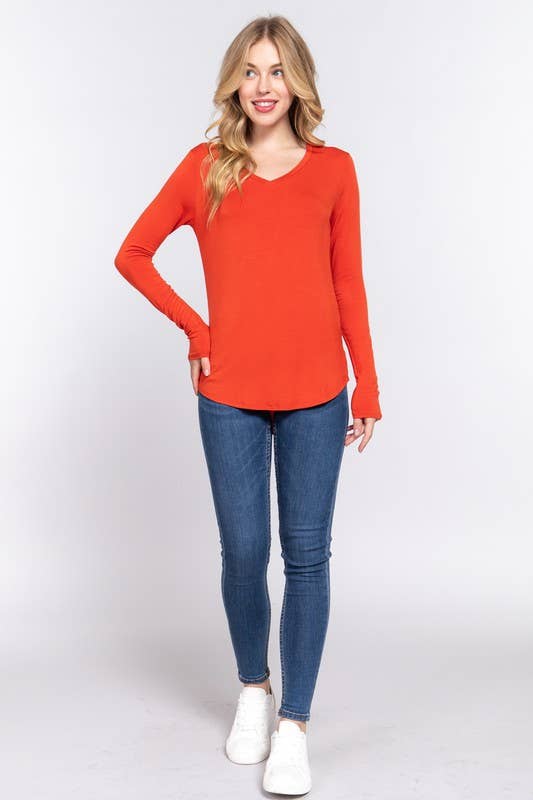 Long Sleeve V-neck Rayon Spandex Jersey Top