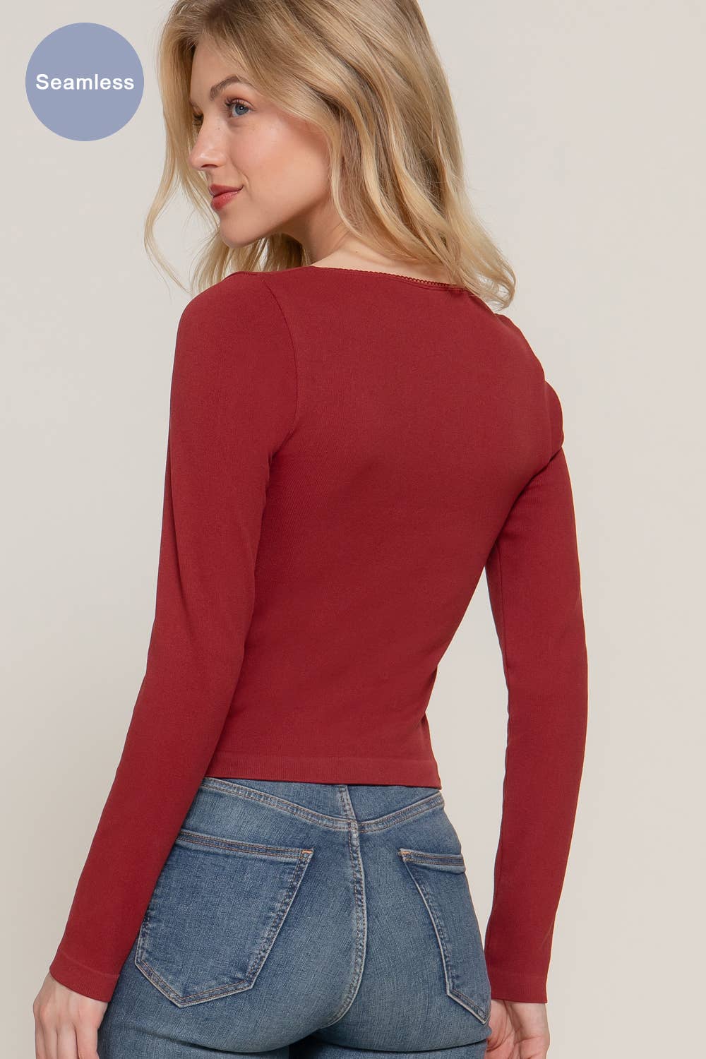 Long Sleeve Wide Round Neck with Bow Seamless Top