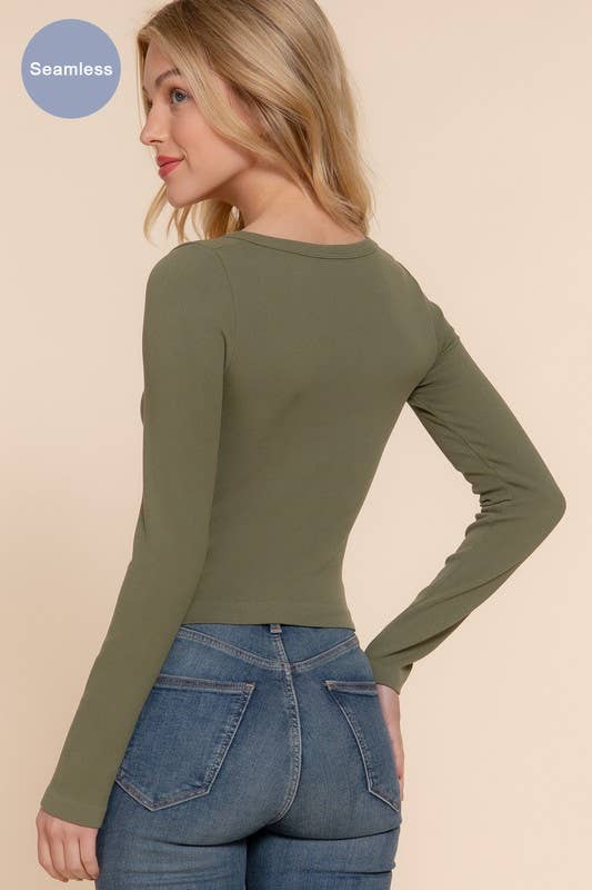 Long Sleeve V-neck Rib Seamless Top