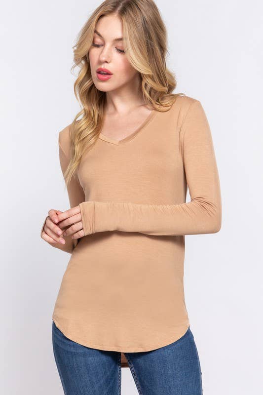 Long Sleeve V-neck Rayon Spandex Jersey Top